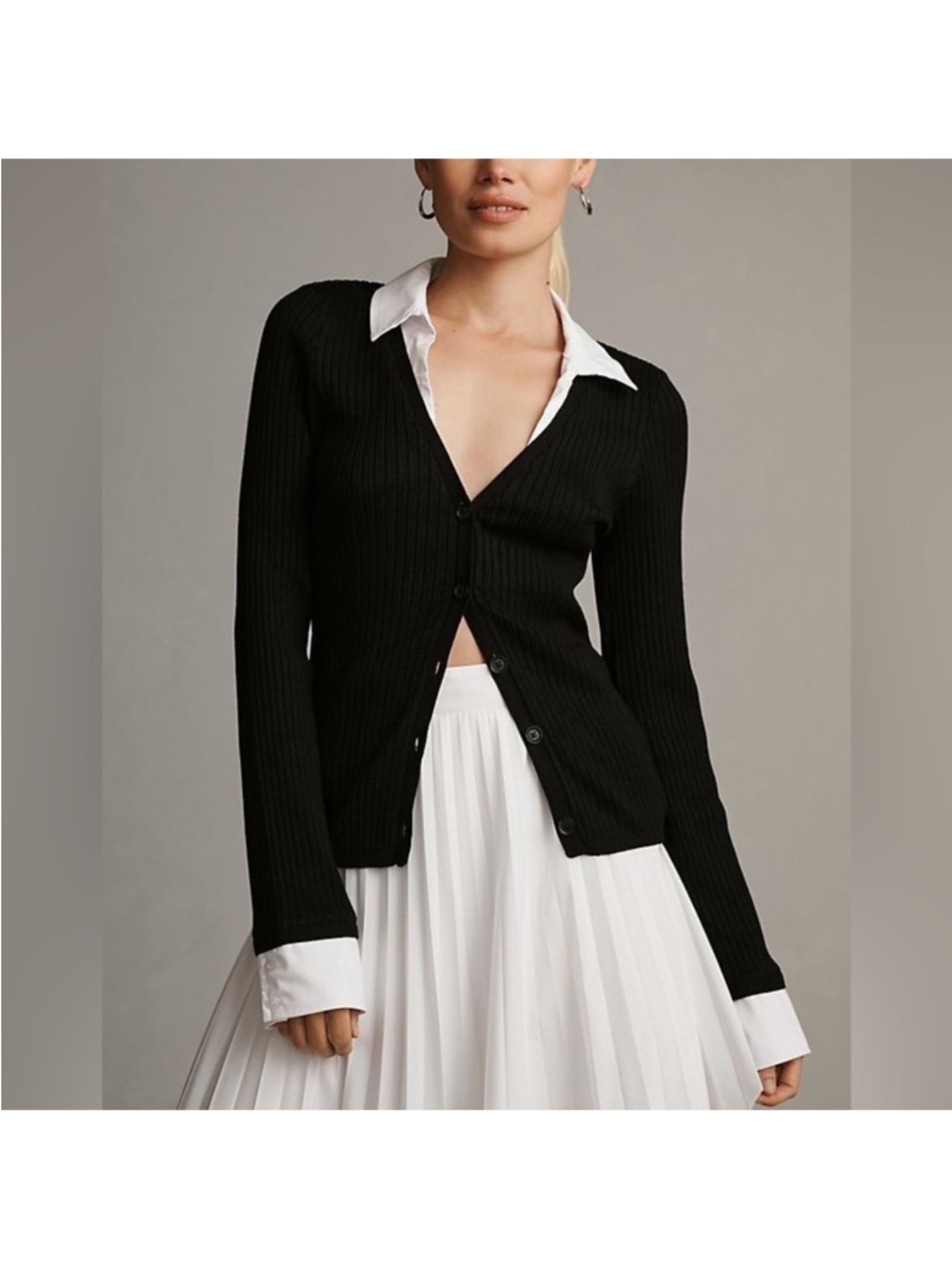 Anthropologie Black Knit Layered Cardigan Size Small Built-in Cuffs + Collar